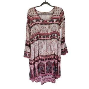 One World Boho Colorful Peasant Western Festival Shift Midi Dress Women's Small